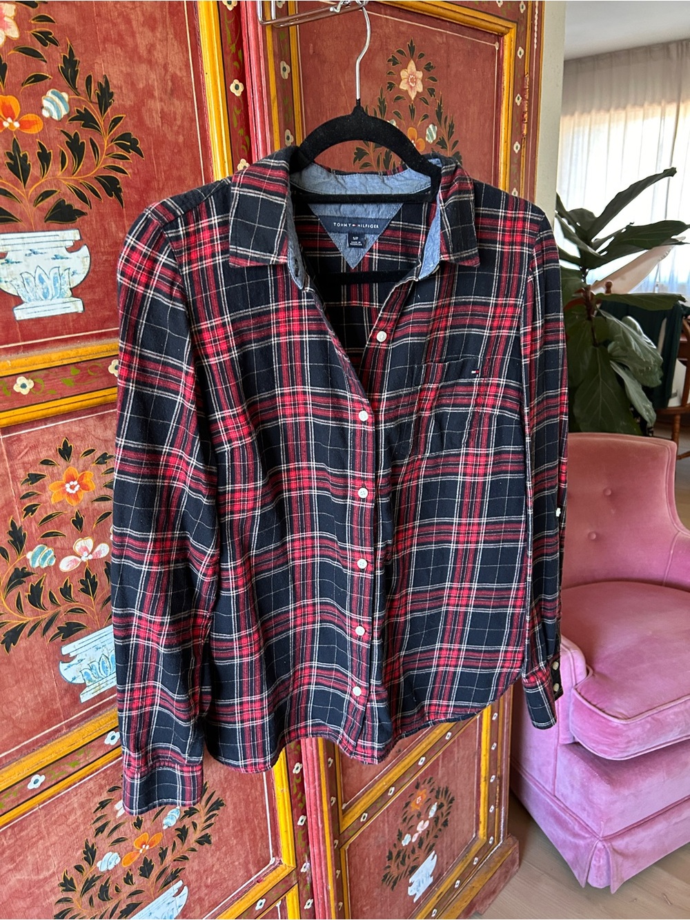 Tommy Hilfiger Red and Black Flannel Plaid Button-Down Shirt